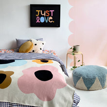 Blue Circus Floor Cushion by Castle. Studio setup with Just Love tea towel artwork