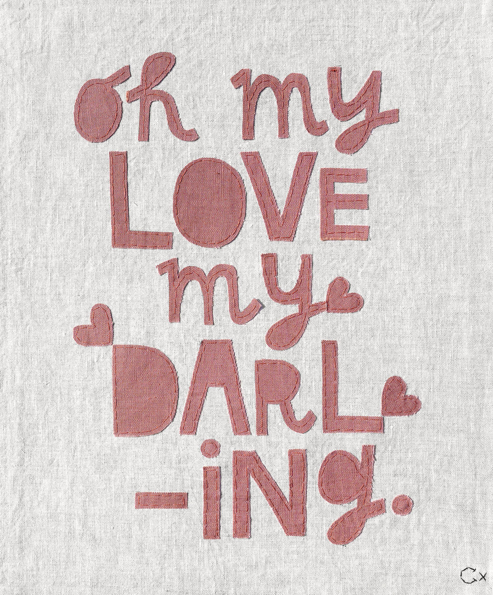 Oh My Love My Darling Embroidery by Rachel Castle. Hand-dyed linen on linen. One piece only. 385mm w x 465mm h