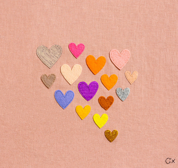 15 RAINBOW HEARTS ON BLUSH LINEN
