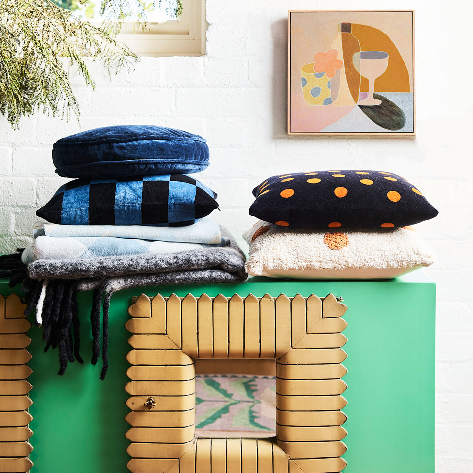 FRENCH NAVY VELVET PENNY ROUND CUSHION