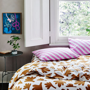 Fern Flat Sheet by Castle. Lilac Stripe Pillowcase. Fern cotton range