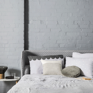 Grey Brick Wall Room with Castle Cushions including Grey Velvet Penny Round and Grey Linen Pillowcase with Printed Charcoal Scallop 