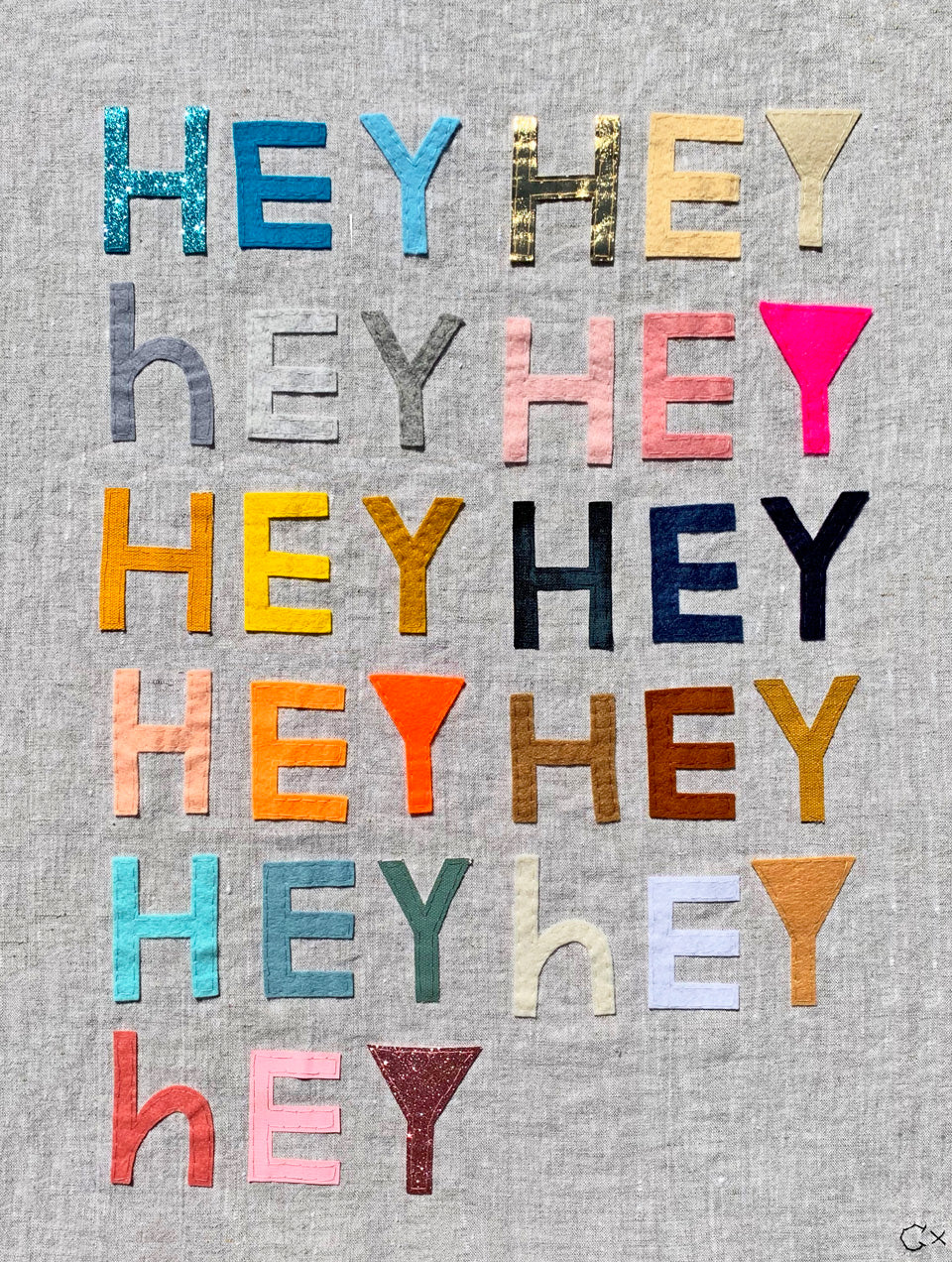 Hey Hey Hey Embroidery by Rachel Castle. 500mm w x 660mm h